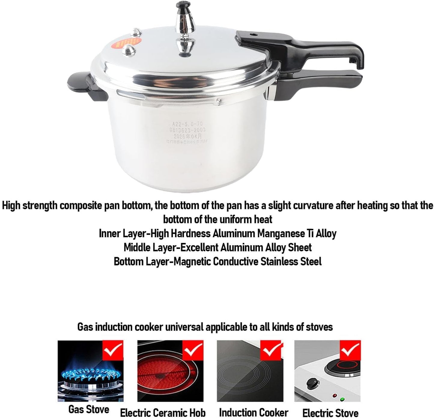 Explosion Proof Pressure Cooker, 5L Aluminum Alloy, Silver, Ideal for Home DEMO