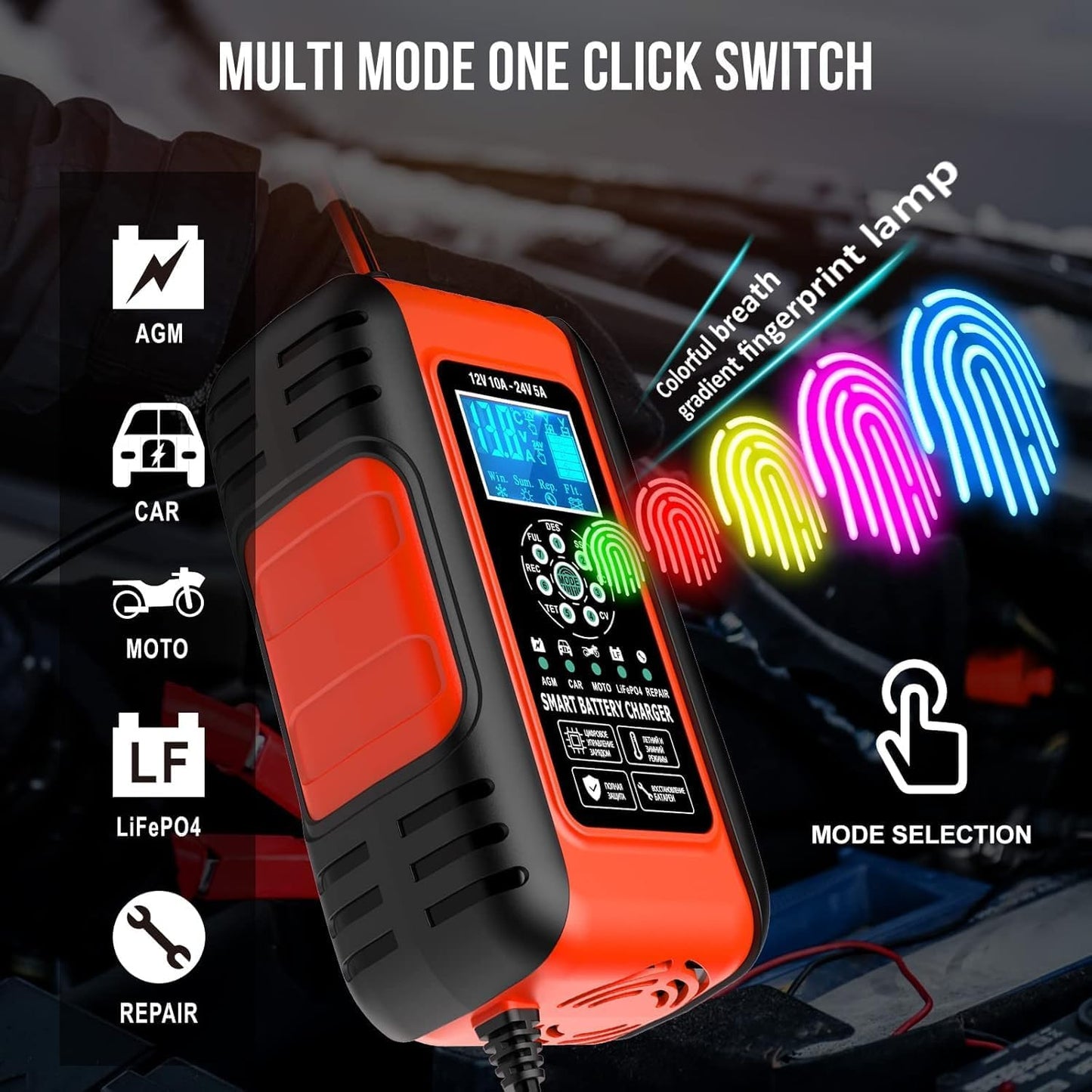 Husgw Automotive Smart Battery Charger & Maintainer, 12V 6A, Black Red DEMO