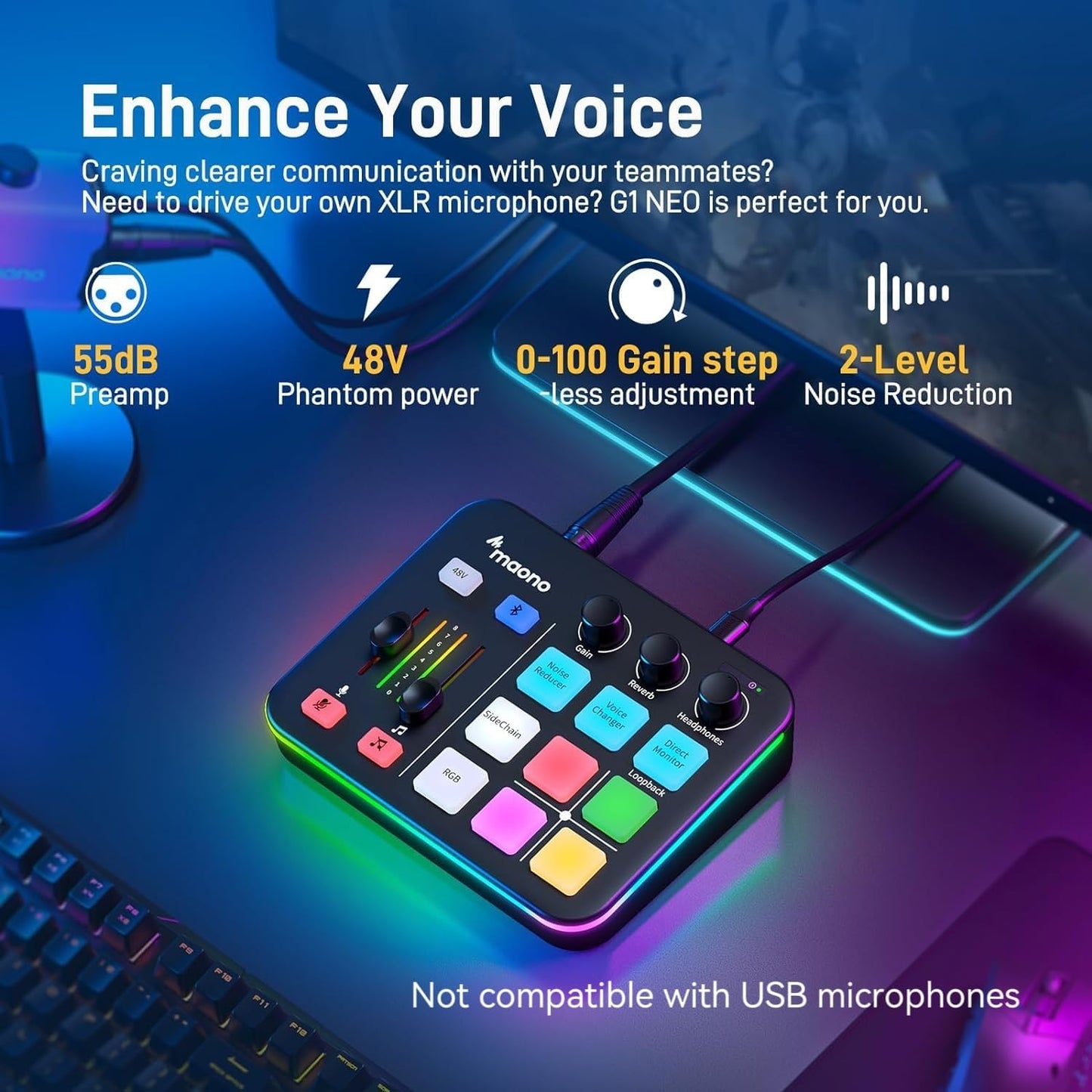 MAONO Audio Mixer Interface with Pro-preamp, RGB, Bluetooth, Sound Effects NEW
