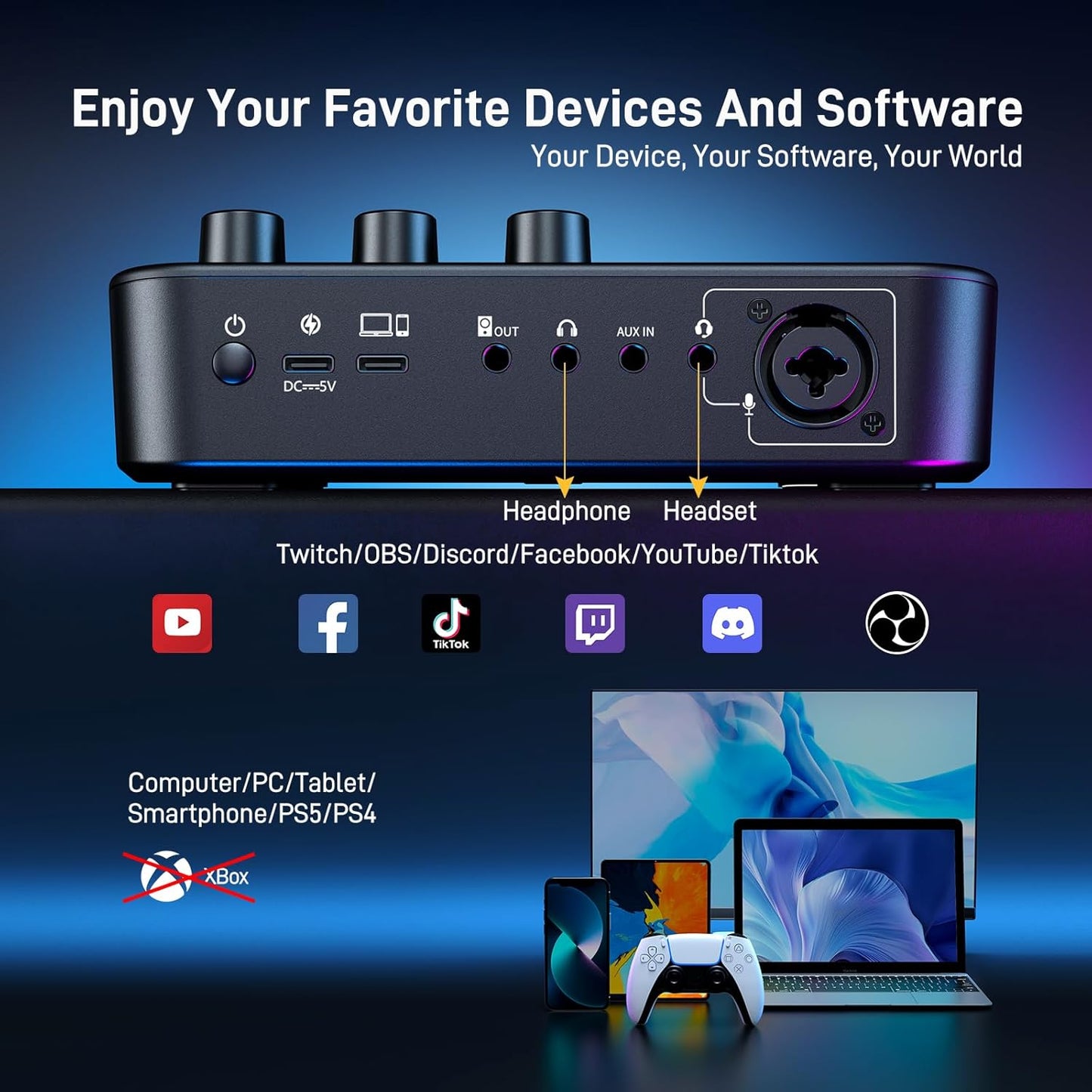 MAONO Audio Mixer Interface with Pro-preamp, RGB, Bluetooth, Sound Effects NEW