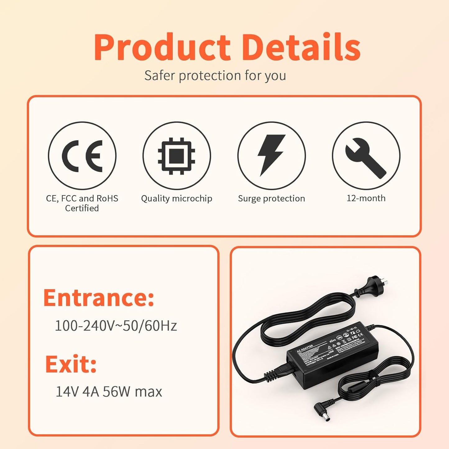 14V 4A Power Supply Adapter for Samsung Monitors in Black DEMO