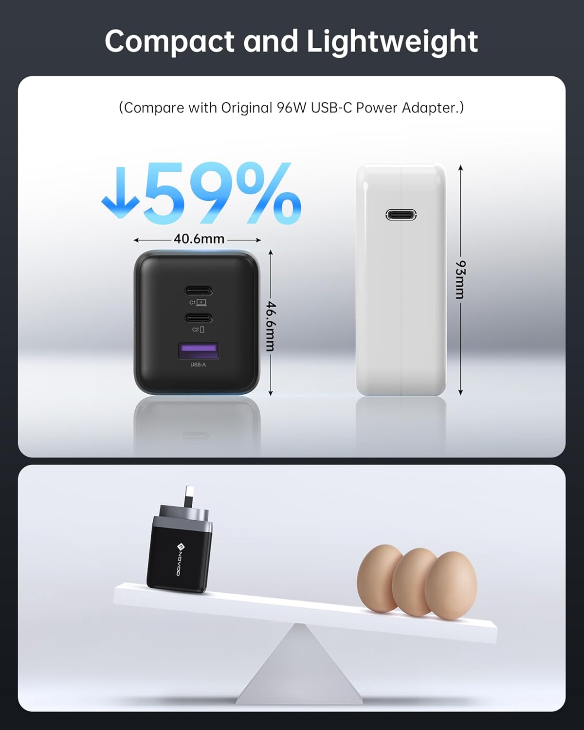 NOVOO 100W GaN III USB-C Fast Charging Adapter, 3-Port Mains Charger, Black DEMO