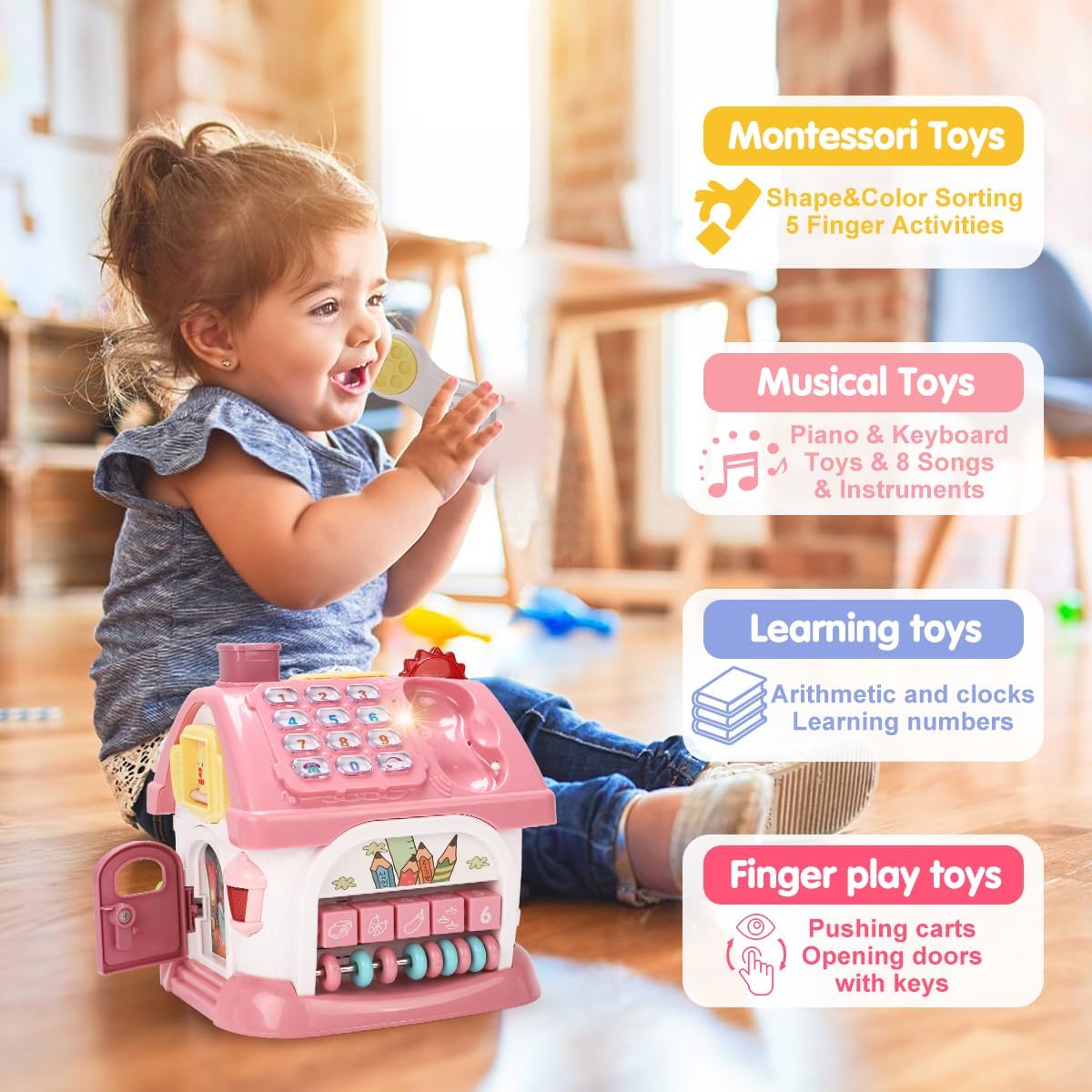 Montessori Musical Learning House Baby Toys - Educational Wooden Pink NEW