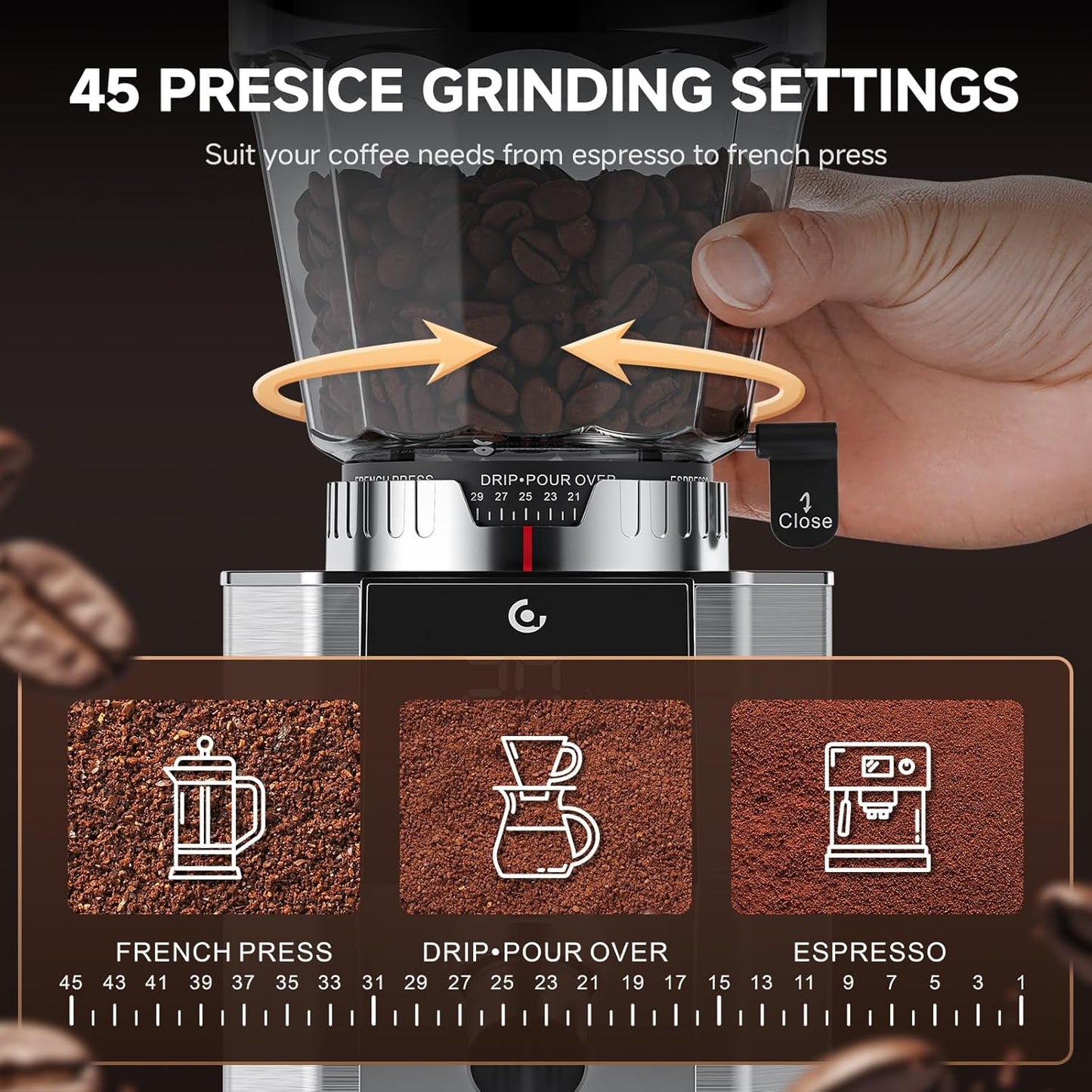 Electric Conical Burr Coffee Grinder 45 Precision Grind Settings Silver NEW