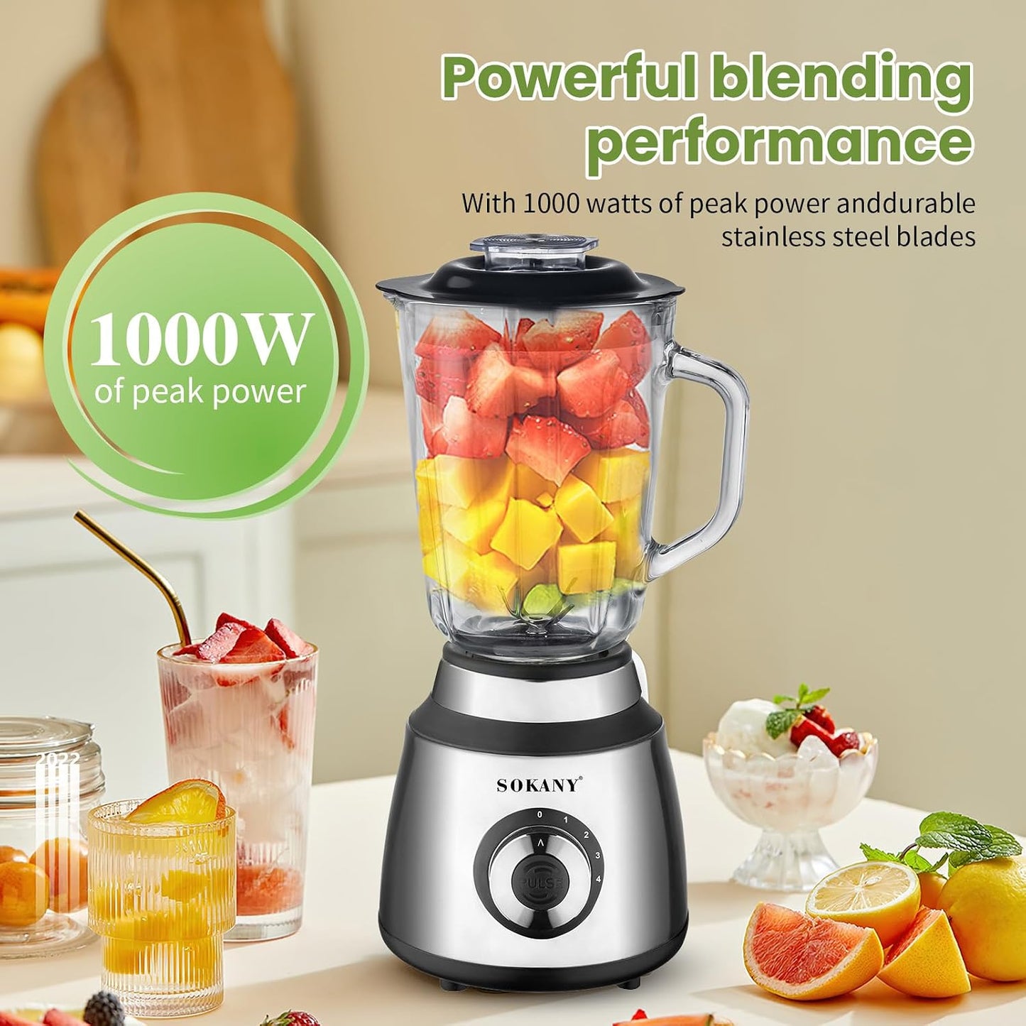 SOKANY 1000W Hand Blender Immersion Multi-Purpose Kitchen Appliance Silver NEW