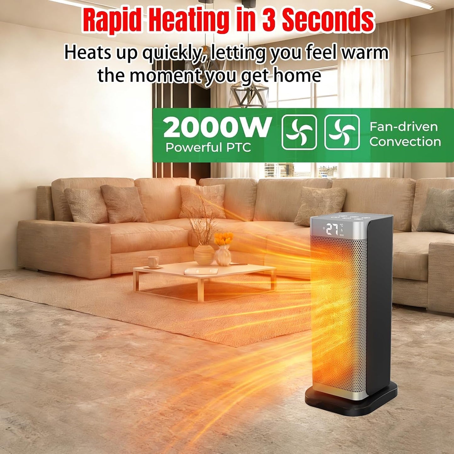 2000W Silver Heating Indoor Electric Space Heater with Remote Control DEMO