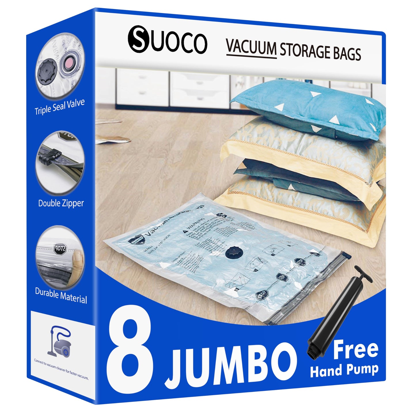 SUOCO 8 Jumbo Vacuum Storage Bags with Travel Hand Pump for Space Saving DEMO