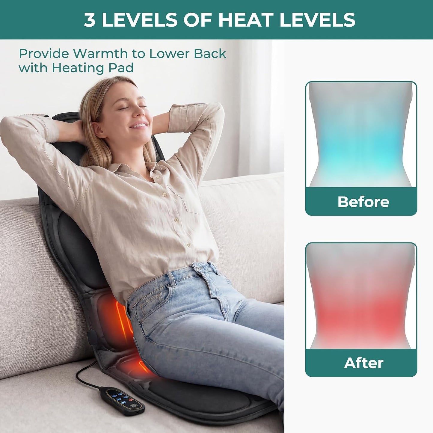 Himouta Vibration Back Massager Seat Cushion with Heat Massage Pad Textile NEW