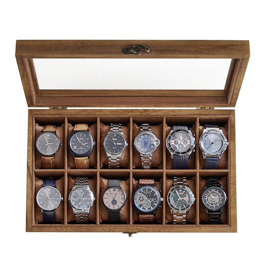 SONGMICS Unisex Paulownia Wood Watch Box Organizer 12 Slots Rustic Walnut NEW