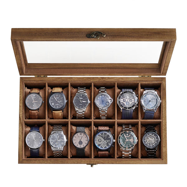 SONGMICS Unisex Paulownia Wood Watch Box Organizer 12 Slots Rustic Walnut NEW