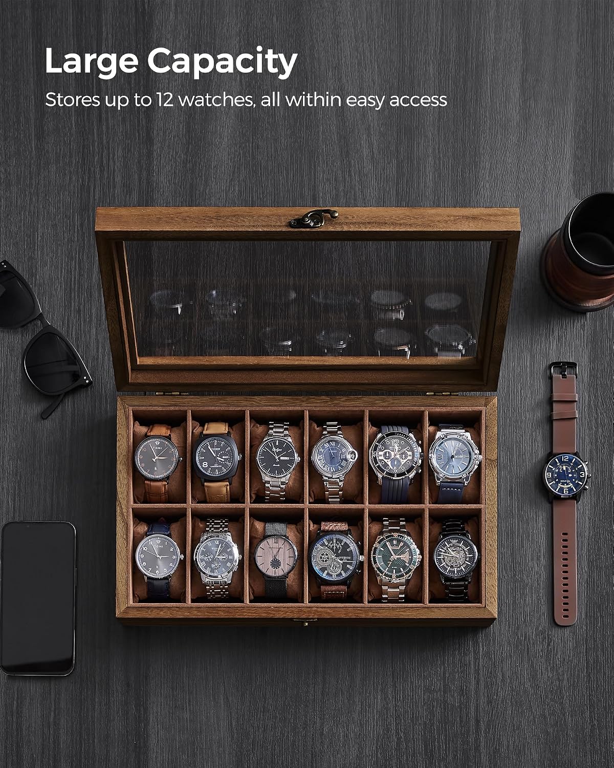 SONGMICS Unisex Paulownia Wood Watch Box Organizer 12 Slots Rustic Walnut NEW