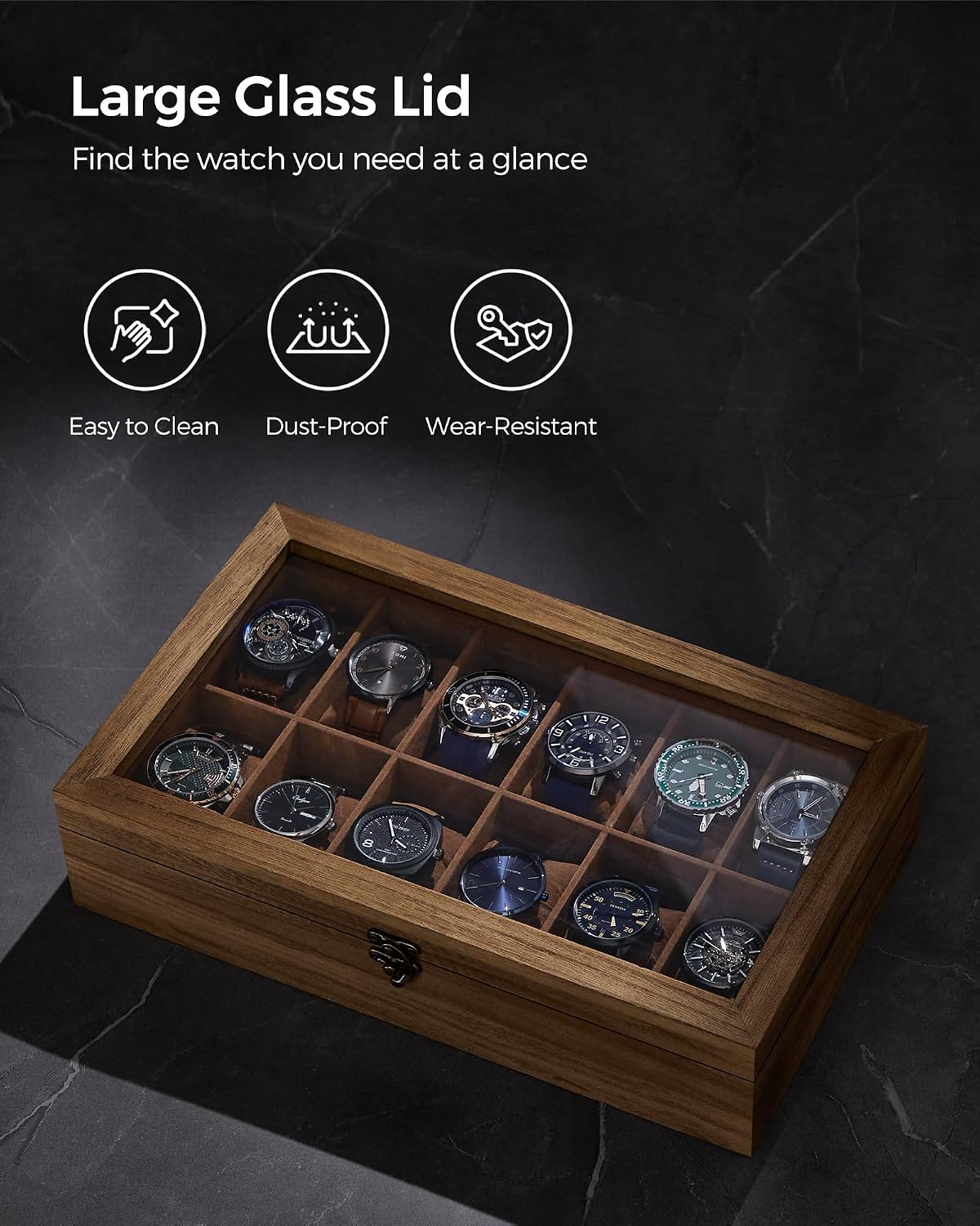 SONGMICS Unisex Paulownia Wood Watch Box Organizer 12 Slots Rustic Walnut NEW