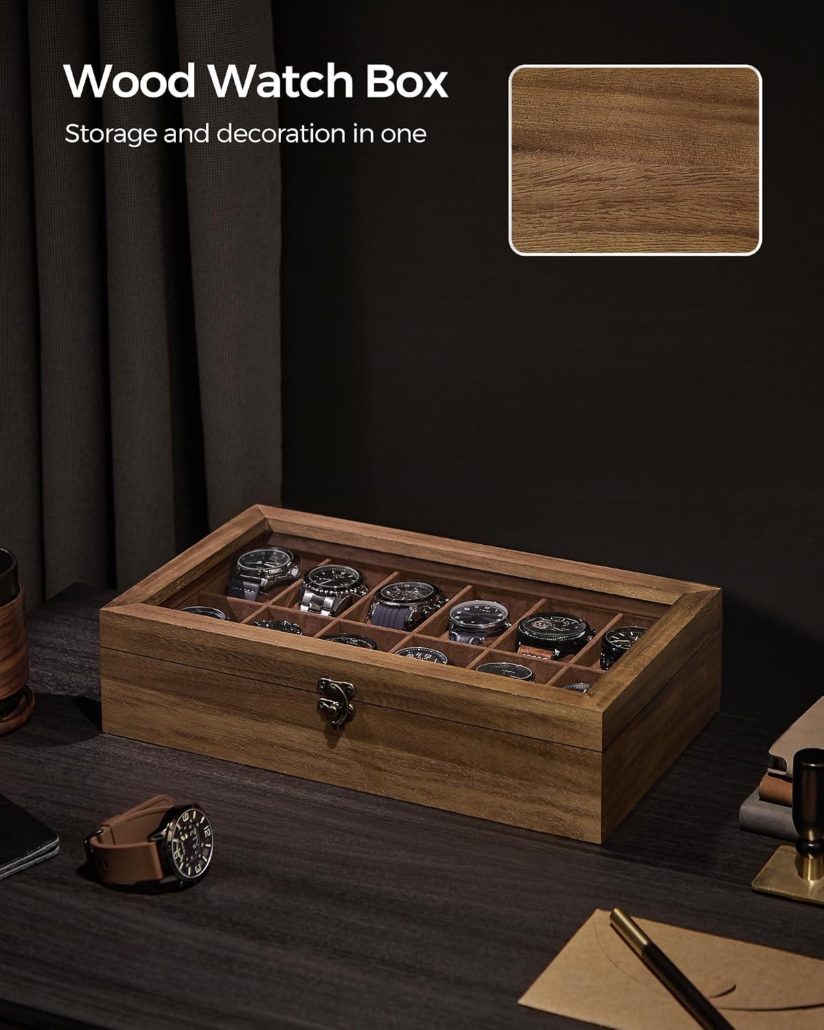 SONGMICS Unisex Paulownia Wood Watch Box Organizer 12 Slots Rustic Walnut NEW