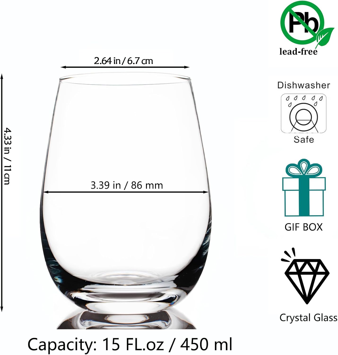 Cystone Premium Stemless Crystal Wine Glasses Set of 6 Large 450ml Size NEW