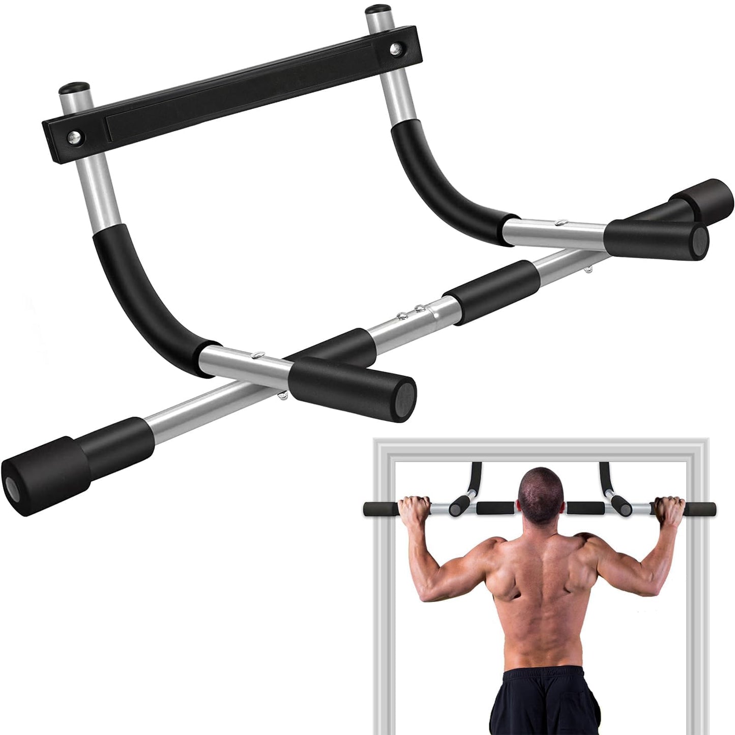 Pull-Up Bar Thickened Steel Upper Body Fitness Workout Doorway Silver-Black NEW