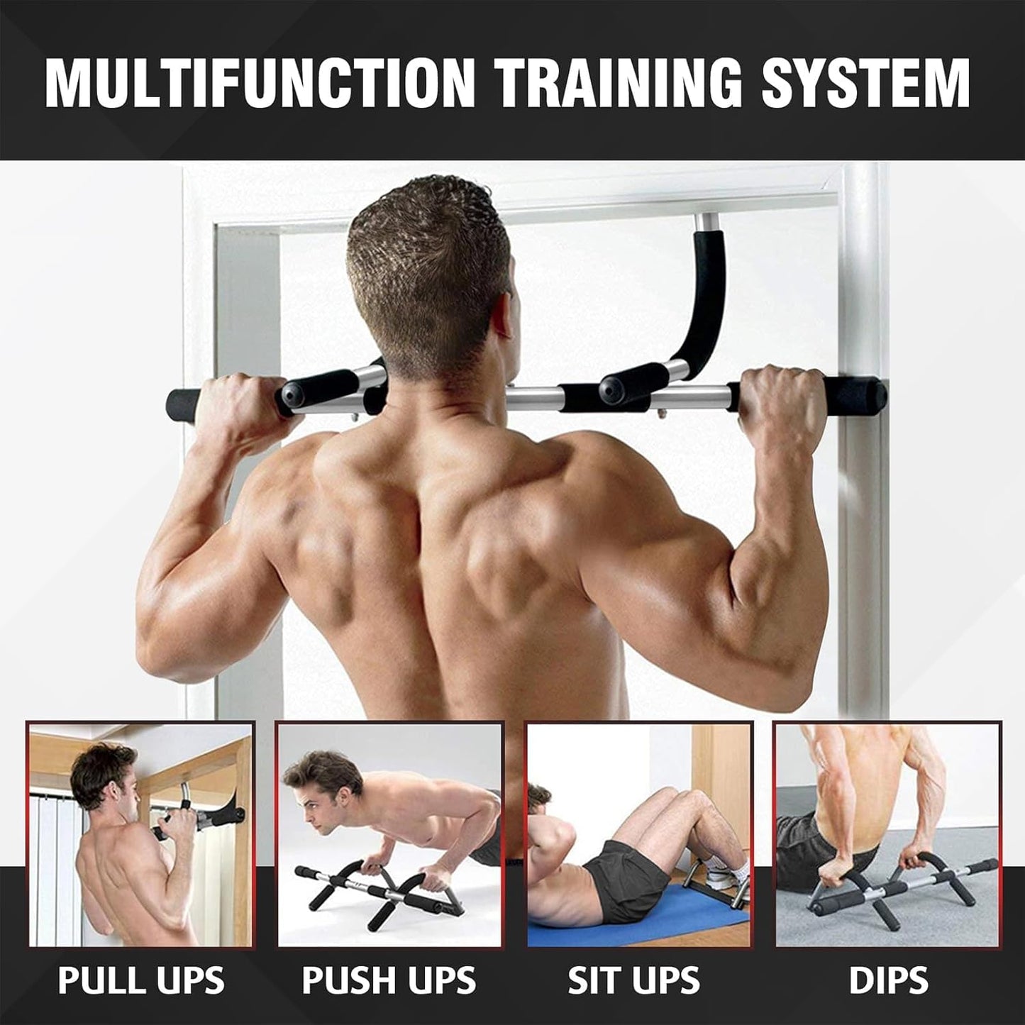 Pull-Up Bar Thickened Steel Upper Body Fitness Workout Doorway Silver-Black NEW