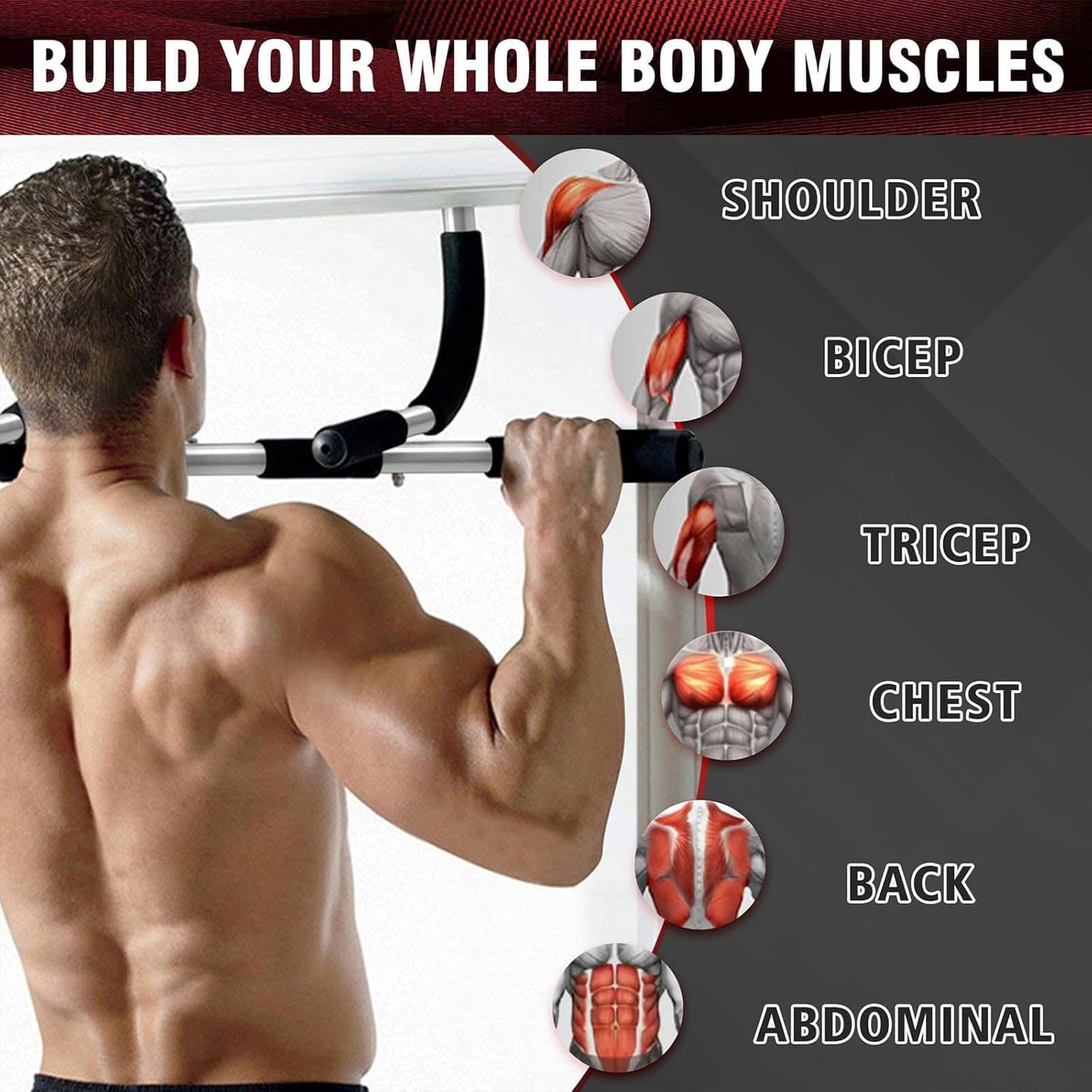 Pull-Up Bar Thickened Steel Upper Body Fitness Workout Doorway Silver-Black NEW