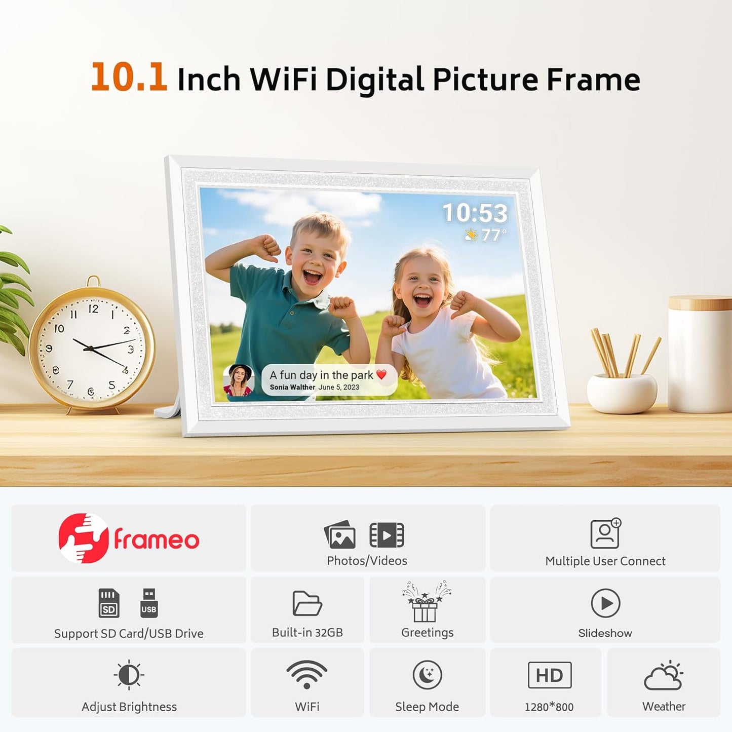 Frameo 10.1" WiFi Digital Picture Frame, 32GB Storage, White, Wall & DEMO