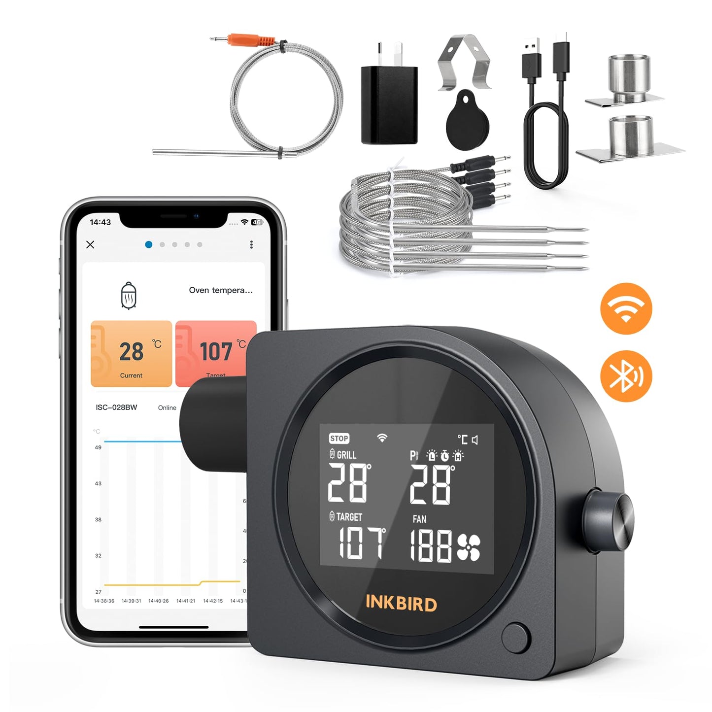 Inkbird WiFi Bluetooth Smart Kitchen Meat Thermometer with 5 Probes, Black NEW