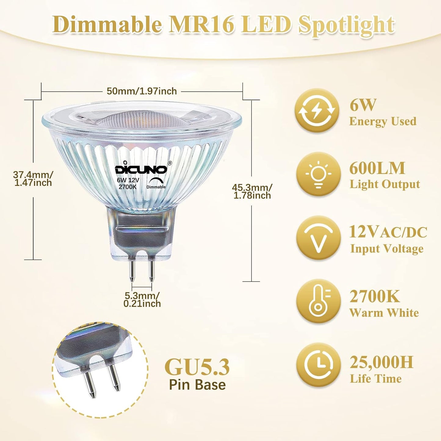 DiCUNO 12V LED Bulbs Dimmable LED Spotlight Bulb, 6W Warm White 2700K, for NEW