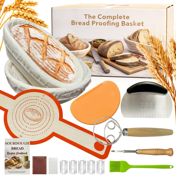Sourdough Bread Baking Set with Rattan Proofing Baskets 10" & 9" White Size NEW
