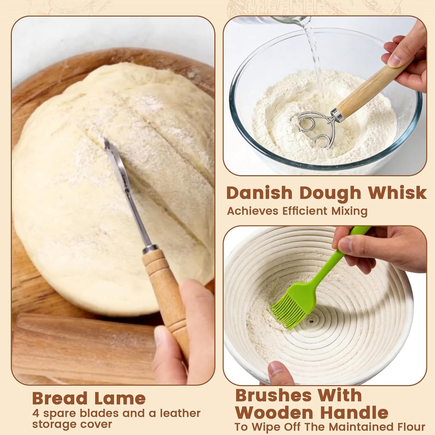 Sourdough Bread Baking Set with Rattan Proofing Baskets 10" & 9" White Size NEW