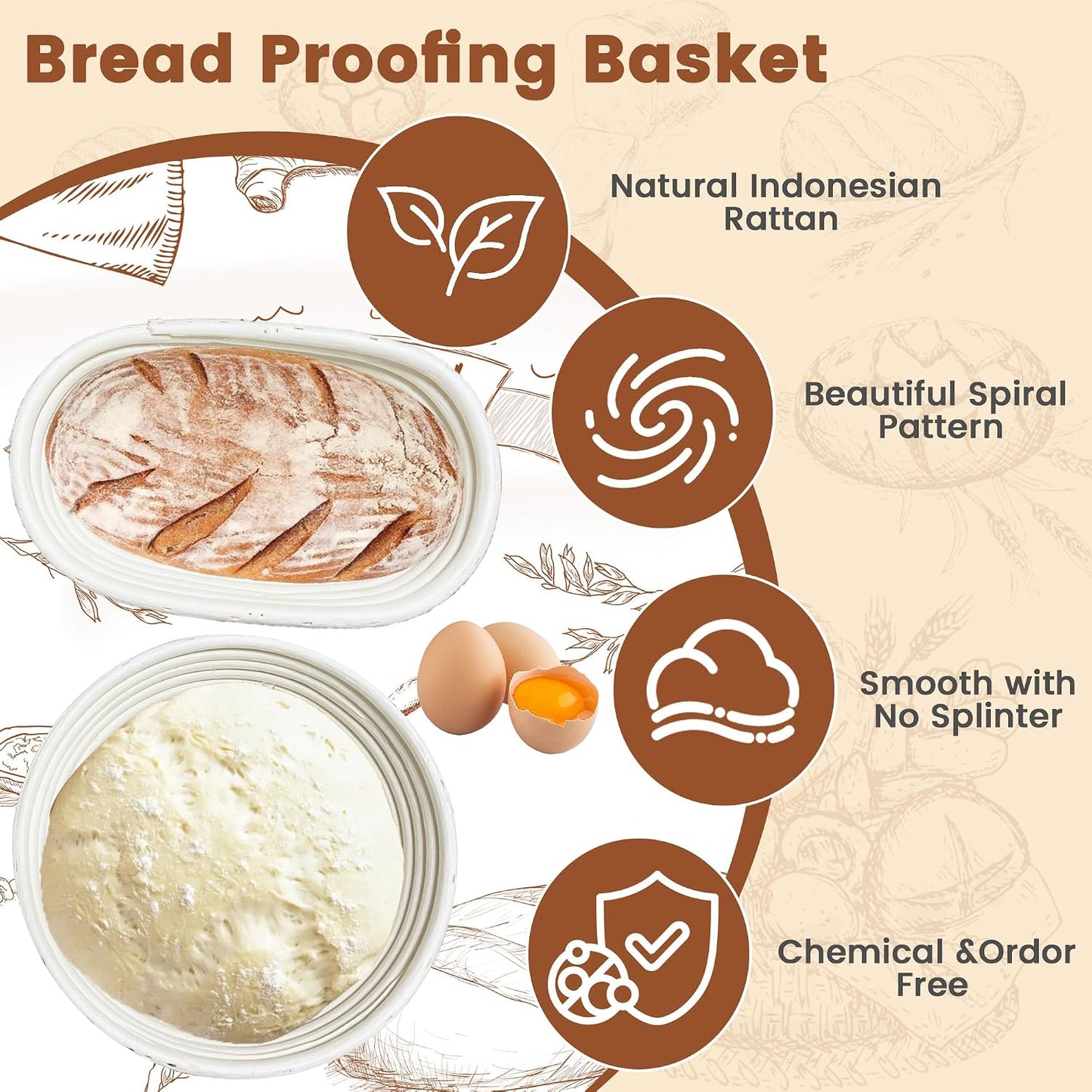 Sourdough Bread Baking Set with Rattan Proofing Baskets 10" & 9" White Size NEW