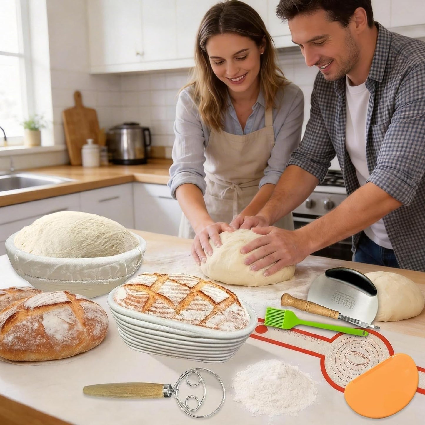 Sourdough Bread Baking Set with Rattan Proofing Baskets 10" & 9" White Size NEW