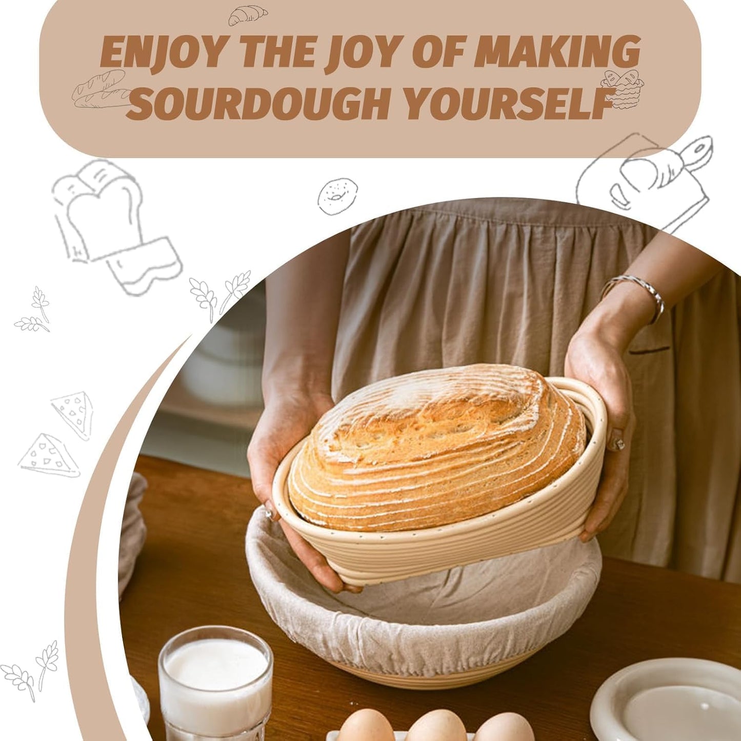Sourdough Bread Baking Set with Rattan Proofing Baskets 10" & 9" White Size NEW
