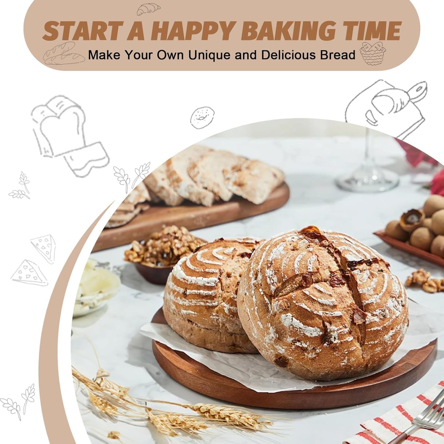 Sourdough Bread Baking Set with Rattan Proofing Baskets 10" & 9" White Size NEW