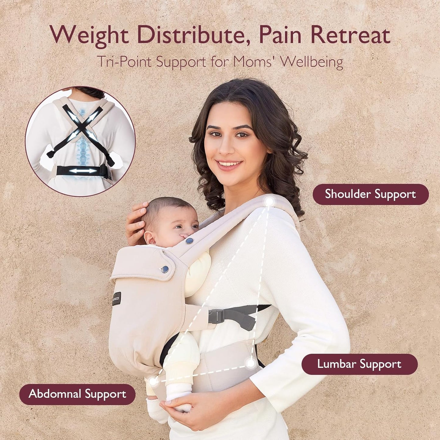 Momcozy Ergonomic Baby Carrier Lightweight Cozy Khaki for 7-44 lbs Infants NEW