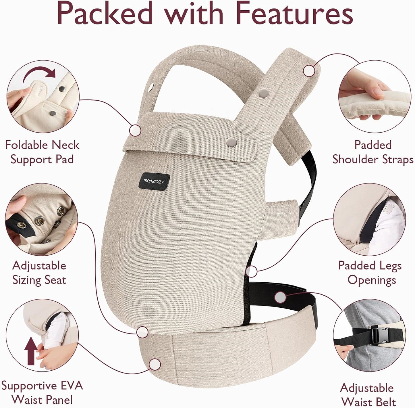 Momcozy Ergonomic Baby Carrier Lightweight Cozy Khaki for 7-44 lbs Infants NEW