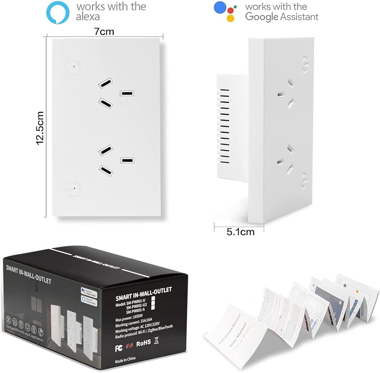 Smart Wall Outlet Socket Power Strip with 4 USB Charging Ports, White Size NEW