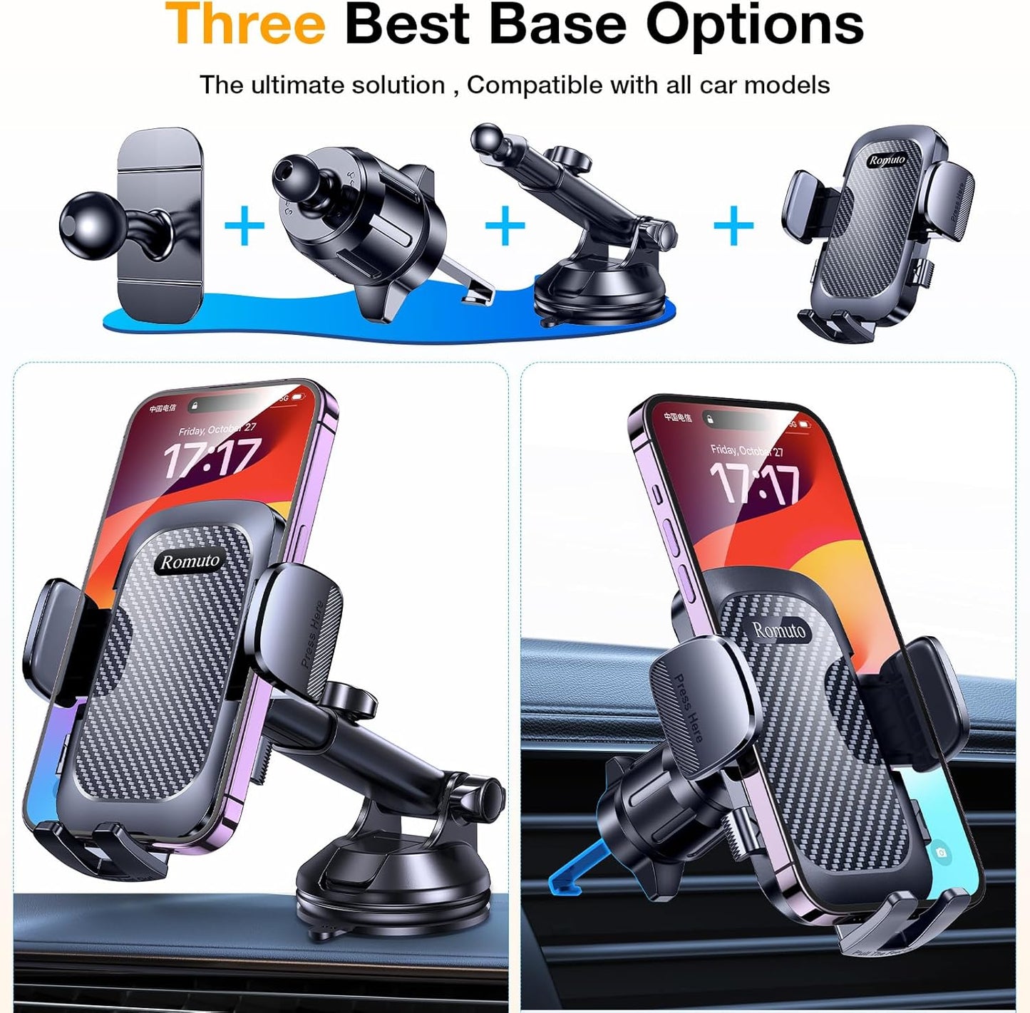 Romuto Strongest Suction Carbon Fiber Dash-Mounted Phone Holder for Cars NEW