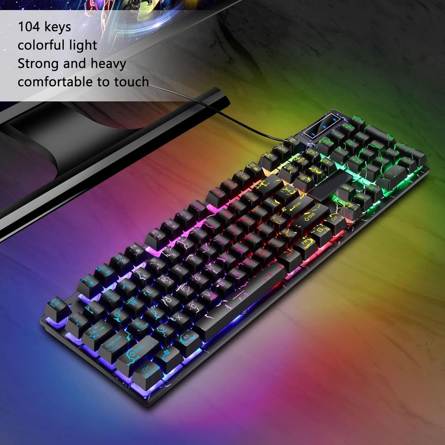 GOWENIC Full Sized RGB Backlit Wired Gaming Keyboard 104 Keys Black Size DEMO