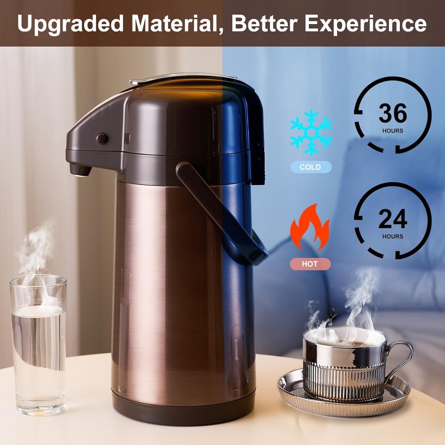 Stainless Steel Airpot Coffee Carafe with Double Pump 2500ml Golden Brown NEW