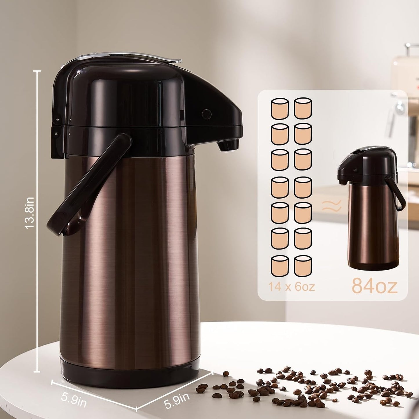 Stainless Steel Airpot Coffee Carafe with Double Pump 2500ml Golden Brown NEW