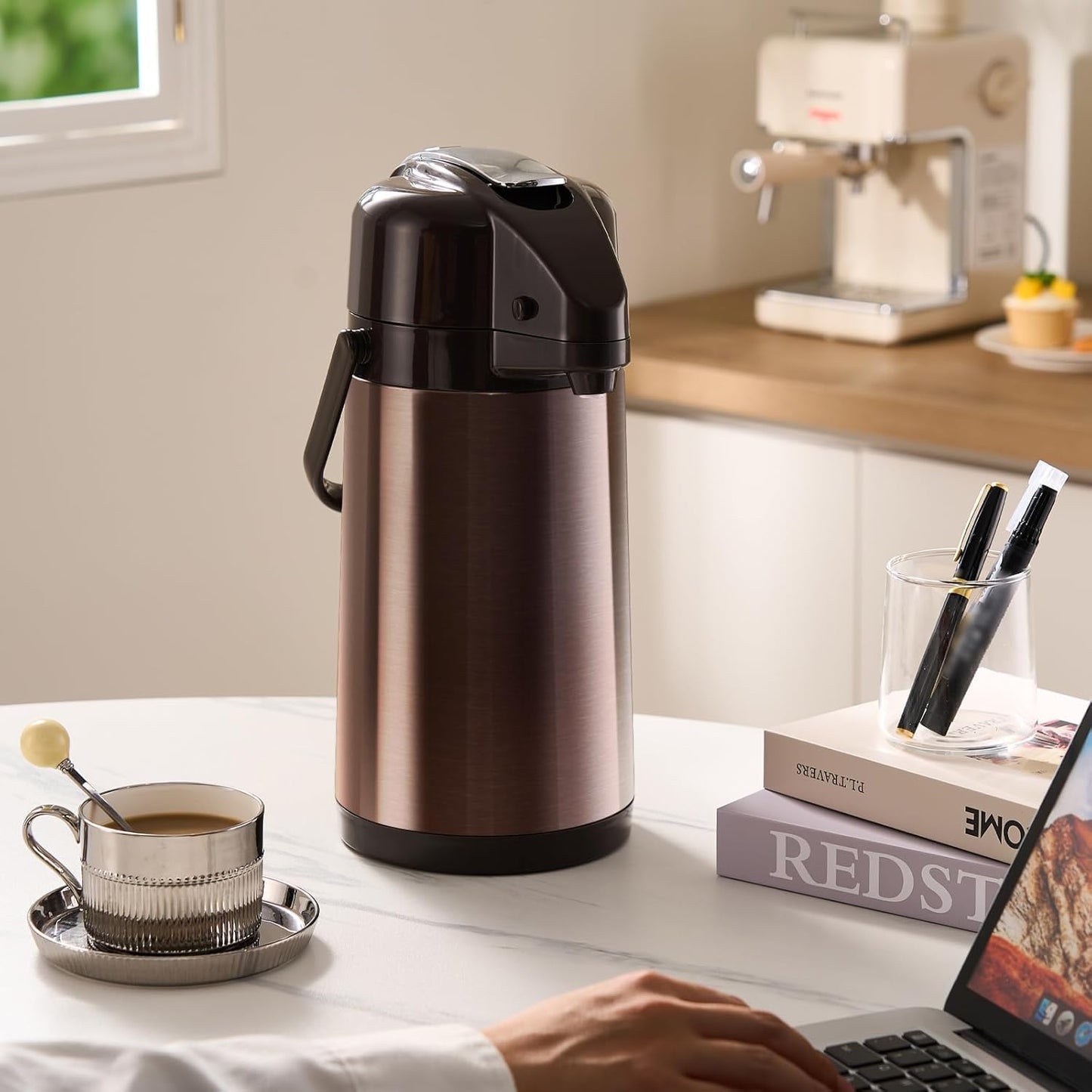Stainless Steel Airpot Coffee Carafe with Double Pump 2500ml Golden Brown NEW