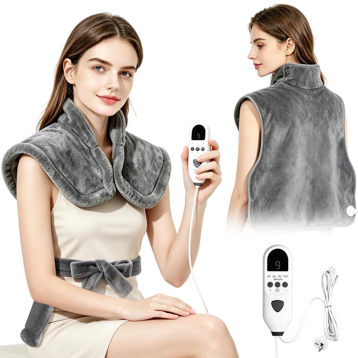 Soft Grey Flannel Electric Heating Pad for Back, Neck & Shoulders DEMO
