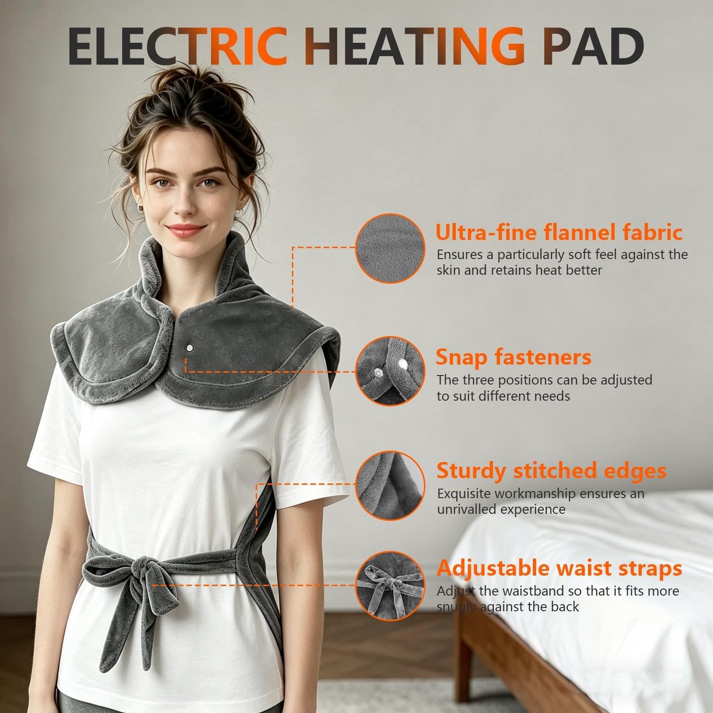 Soft Grey Flannel Electric Heating Pad for Back, Neck & Shoulders DEMO