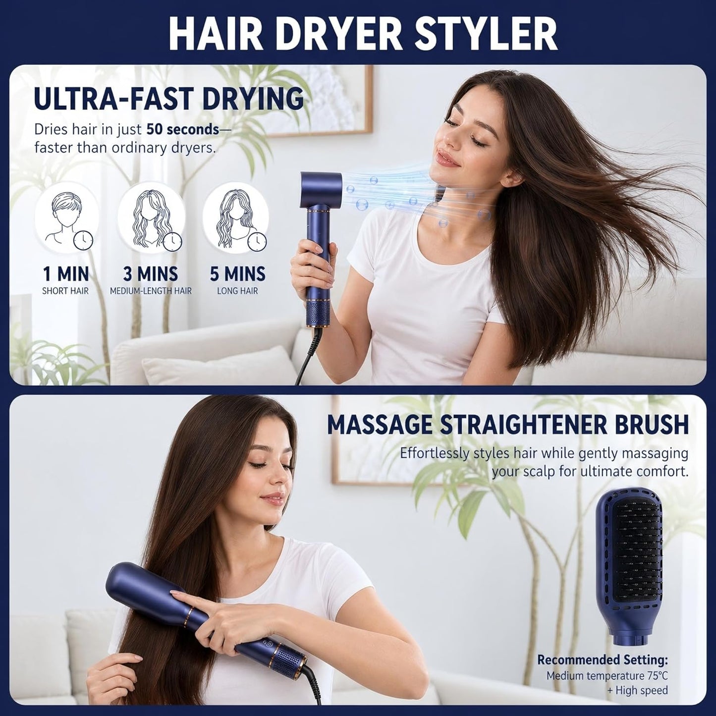 WUBBO 5-in-1 High Speed Hair Dryer Brush with 200M Negative Ions Midnight NEW
