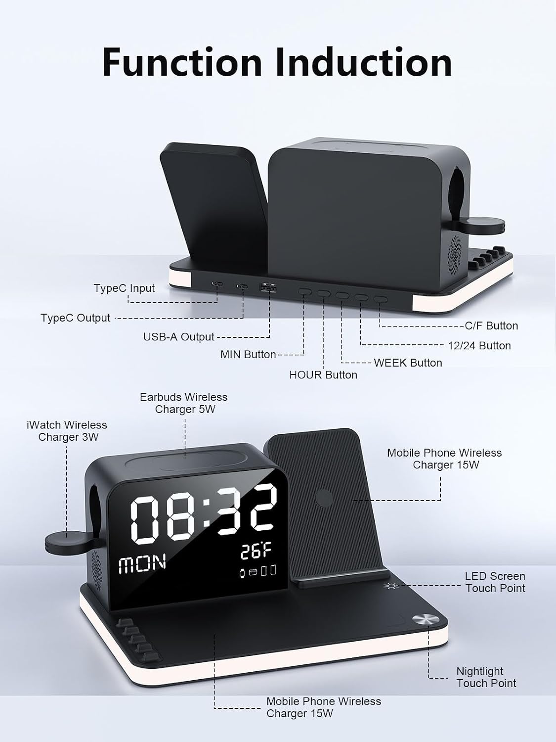 BLKE Wireless Charging Station with Clock Night Light Induction Charger DEMO