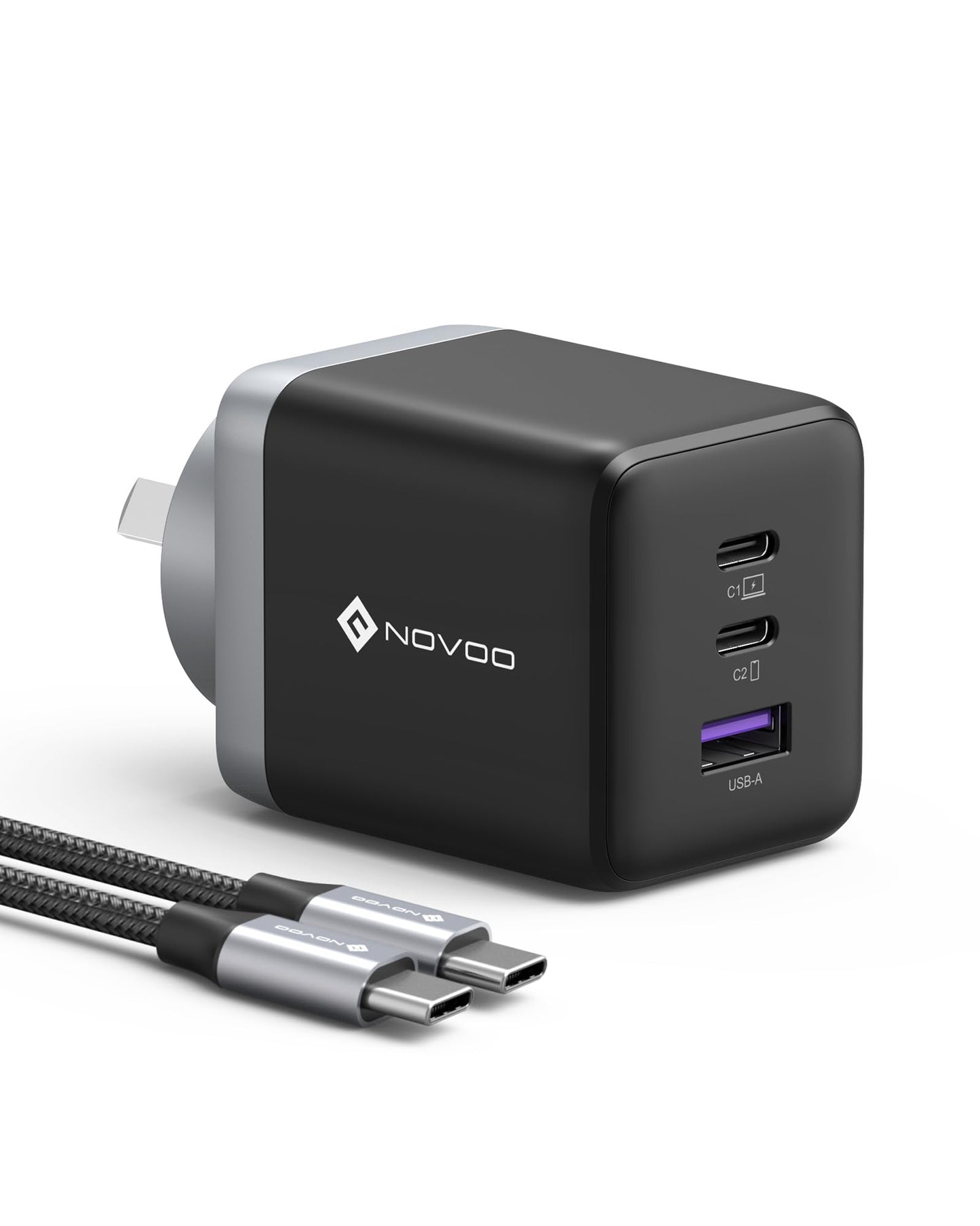NOVOO 100W GaN III USB-C Fast Charging Adapter 3-Port Mains Charger Black NEW