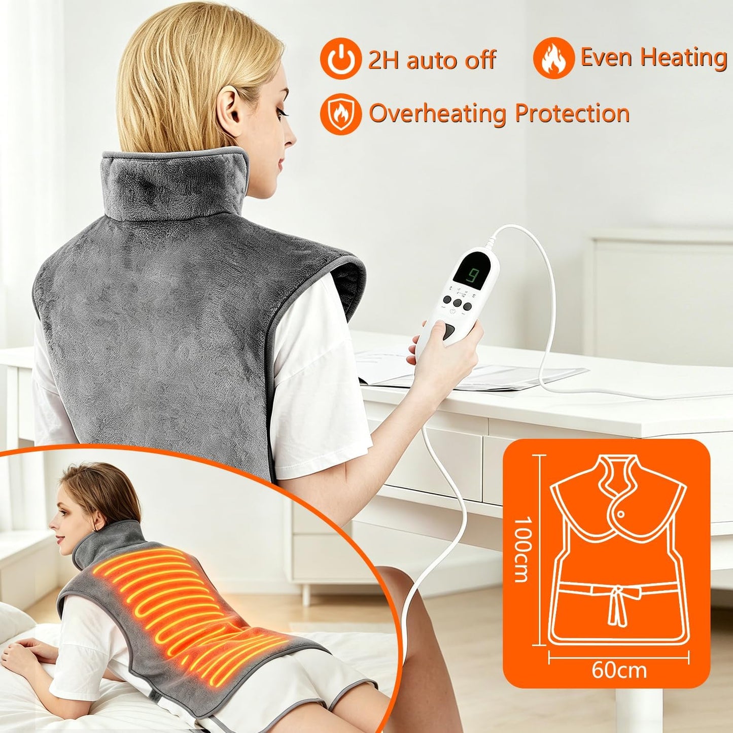 Soothing Grey Electric Heating Pad for Back, Neck & Shoulders Relief NEW