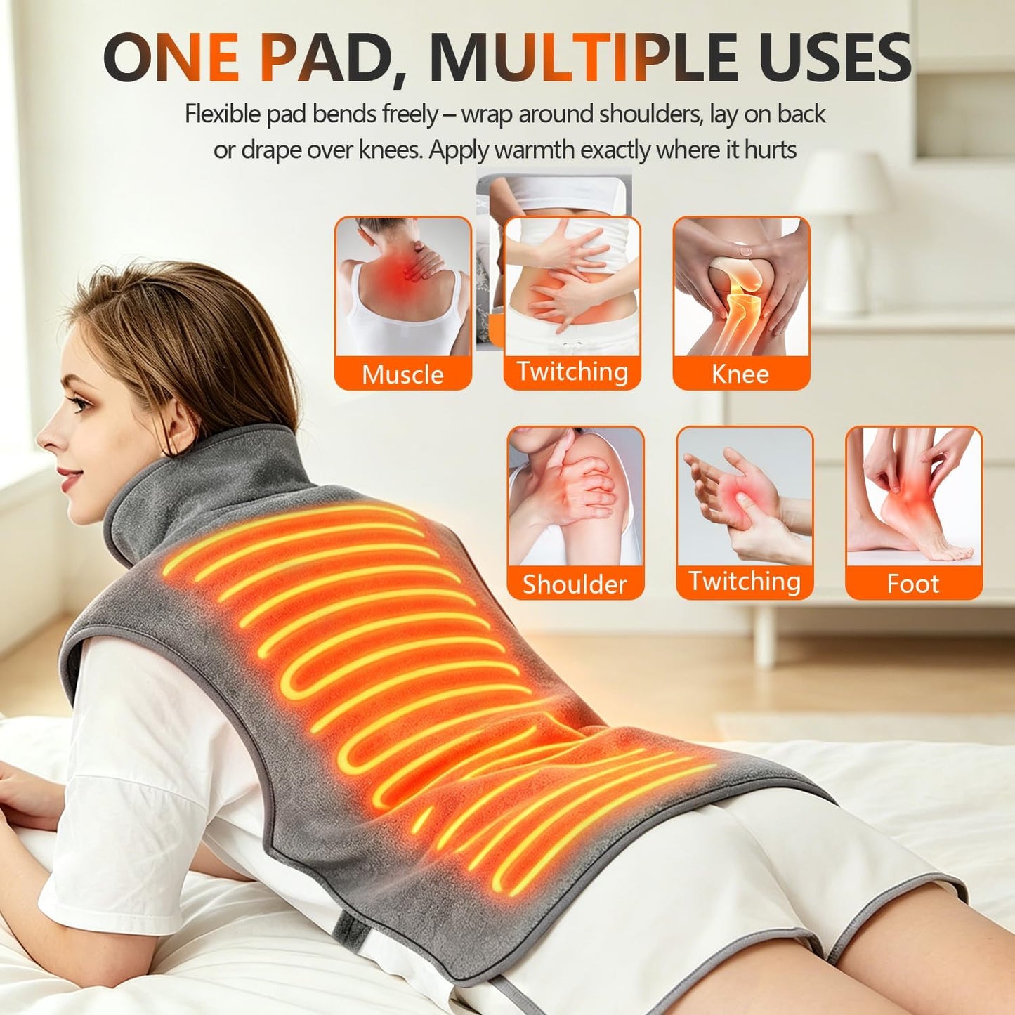 Soothing Grey Electric Heating Pad for Back, Neck & Shoulders Relief NEW