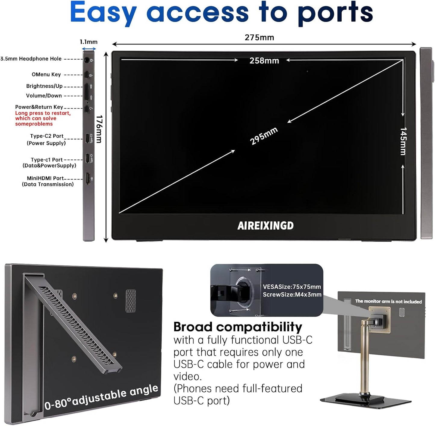 AIREIXINGD 11.6" Monitors Portable FHD IPS LCD Monitor, Black - DEMO