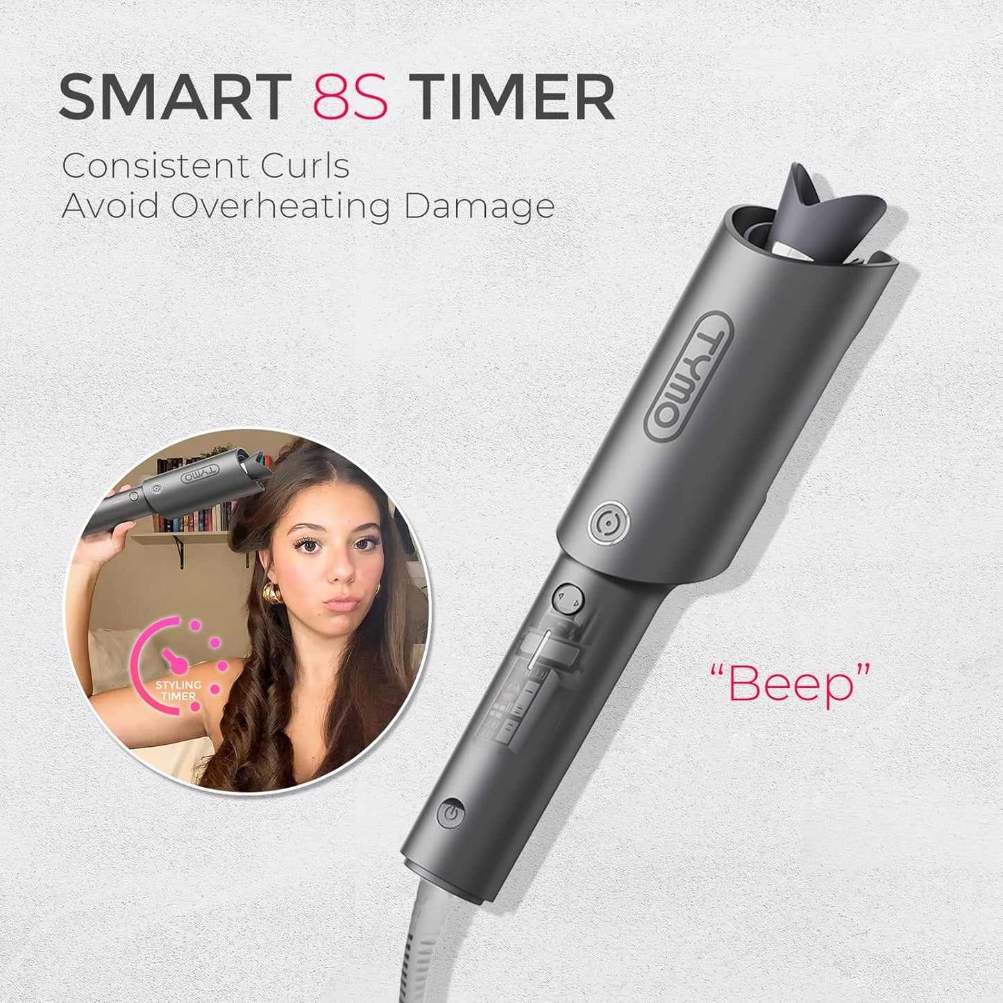 TYMO 25mm Automatic Ceramic Curling Iron for Beach Waves & Loose Curls Size NEW