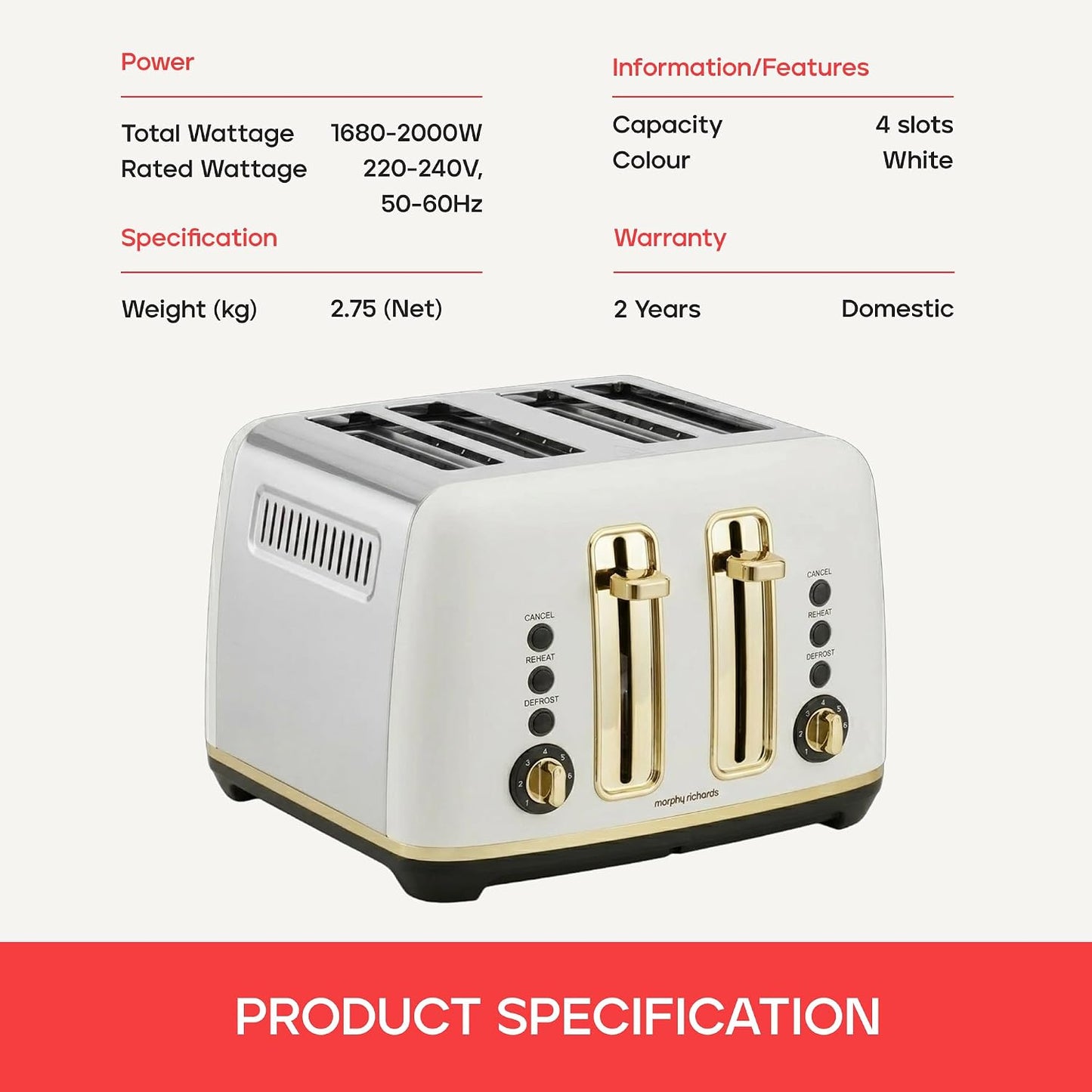 Morphy Richards Toasters Ascend 4-Slice White Toaster with Variable NEW