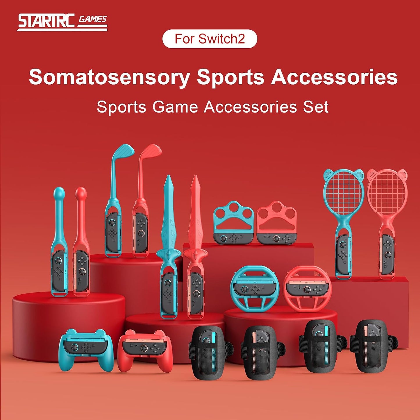 18-in-1 Accessories Kit for Nintendo Switch Sports Gaming Console Red & Blue NEW
