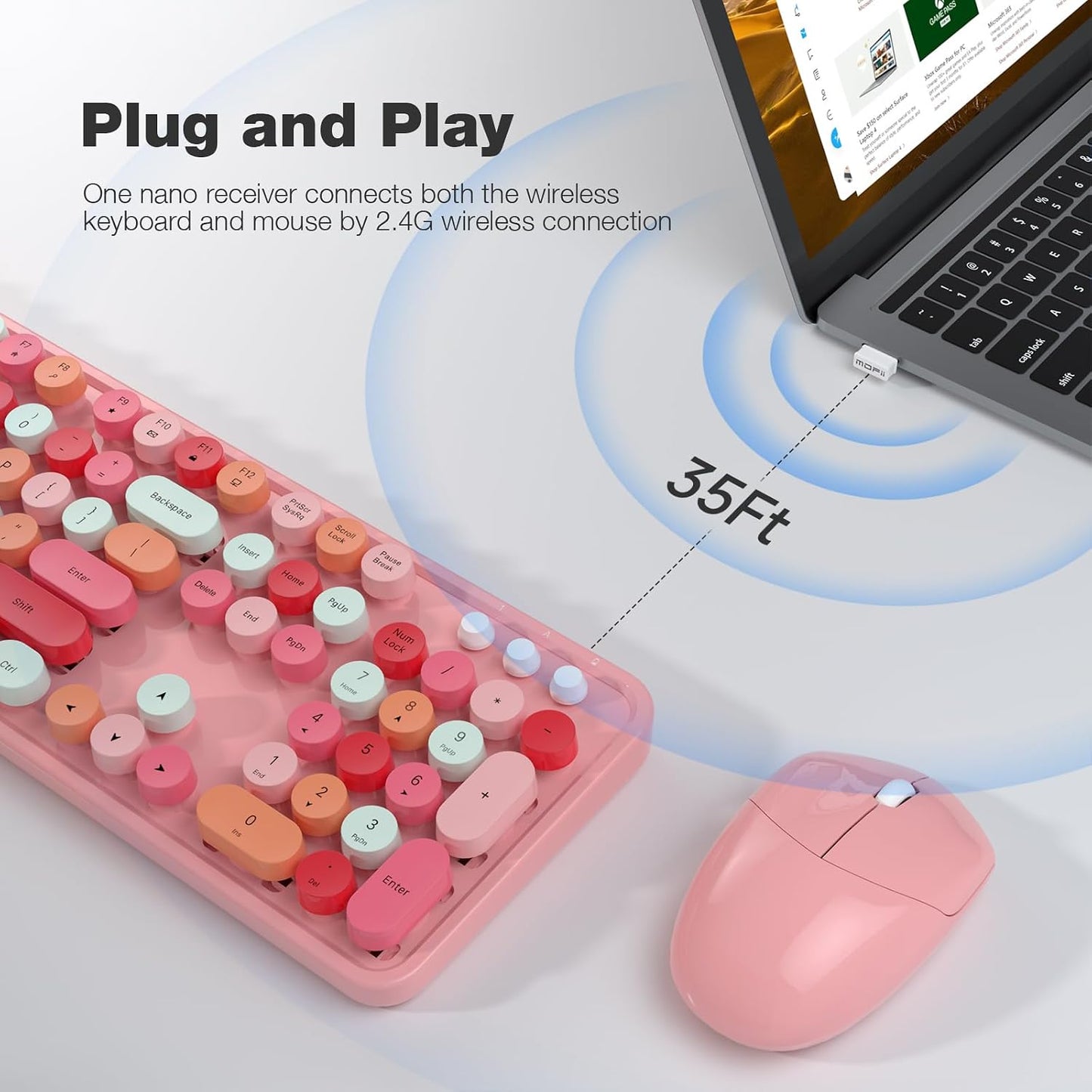 MOFII Retro Full Size Wireless Keyboard and Mouse Combo Set in Pink for DEMO